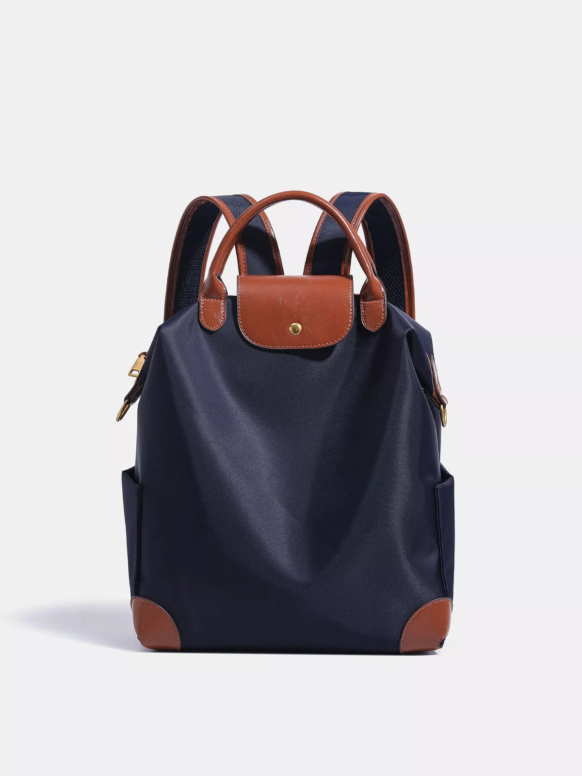 Elegant Minimalist Nylon Backpack Bag with Leather Trim in Dark Blue
