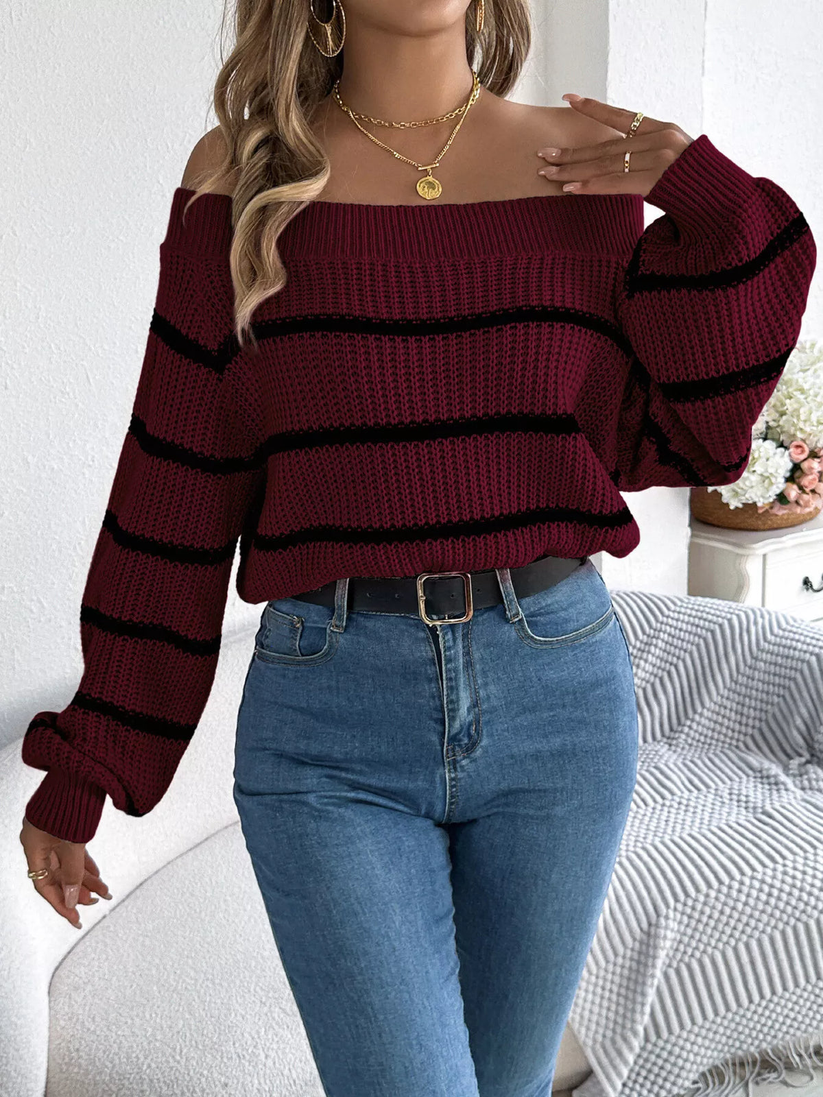 Off-Shoulder Striped Contrast Sweater, view 16