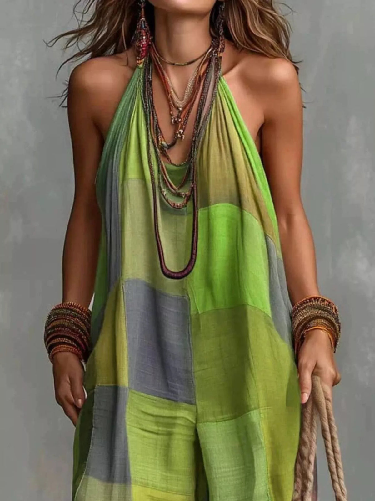 Full Size Plaid Halter Neck Wide-Leg Jumpsuit Plus Size