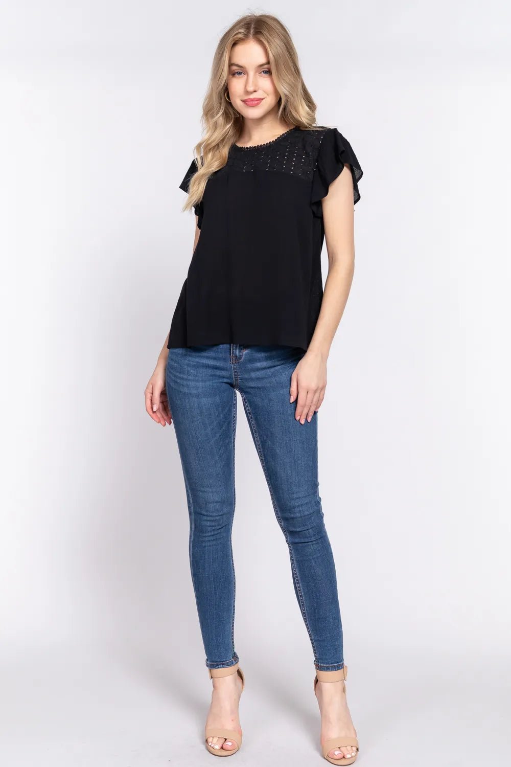 ACTIVE BASIC Ruffle Short Sleeve Crochet Blouse - Lilixa.store