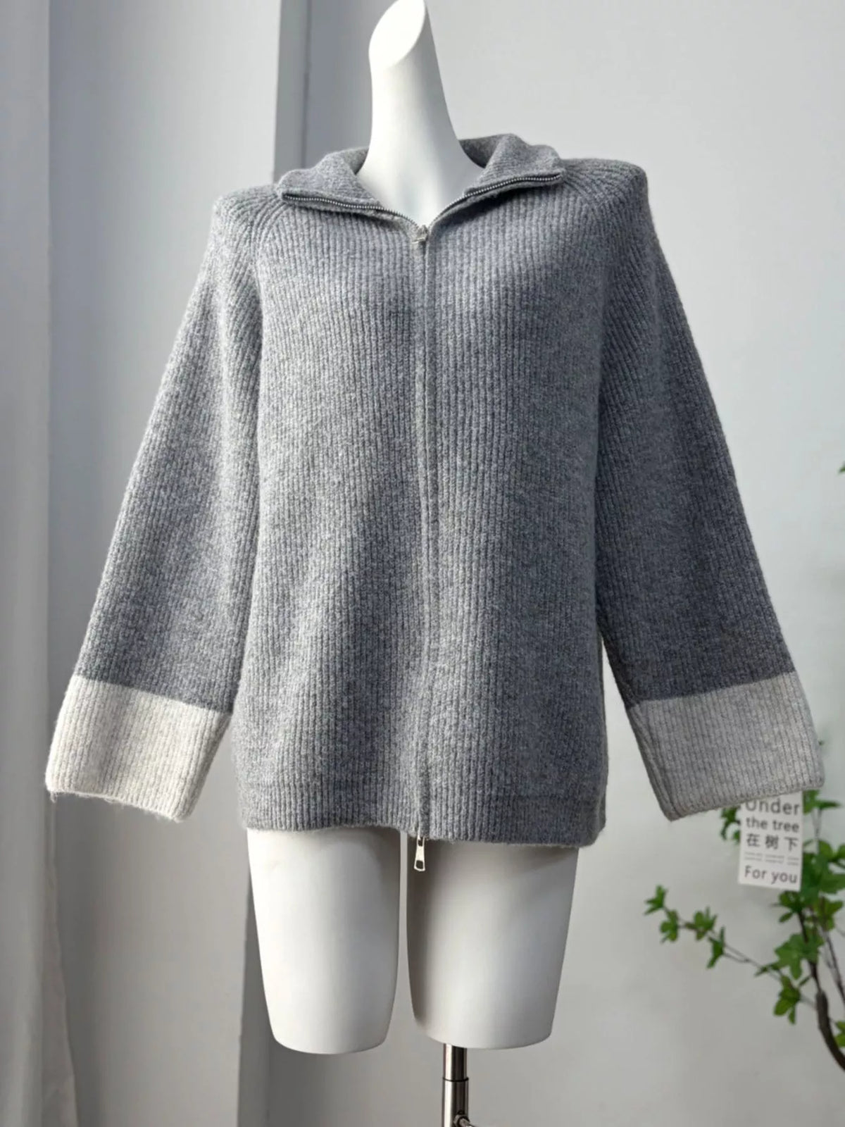 Zip-Up Contrast Cuff Cardigan and Pants Sweater Set, view 13