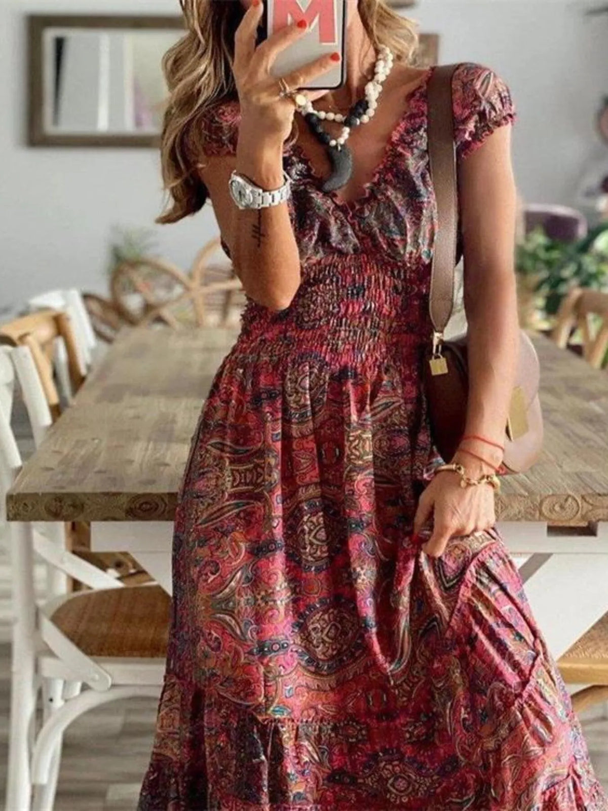 Full Size Paisley Print Cap Sleeve Maxi Dress Plus Size in Burgundy, view 3