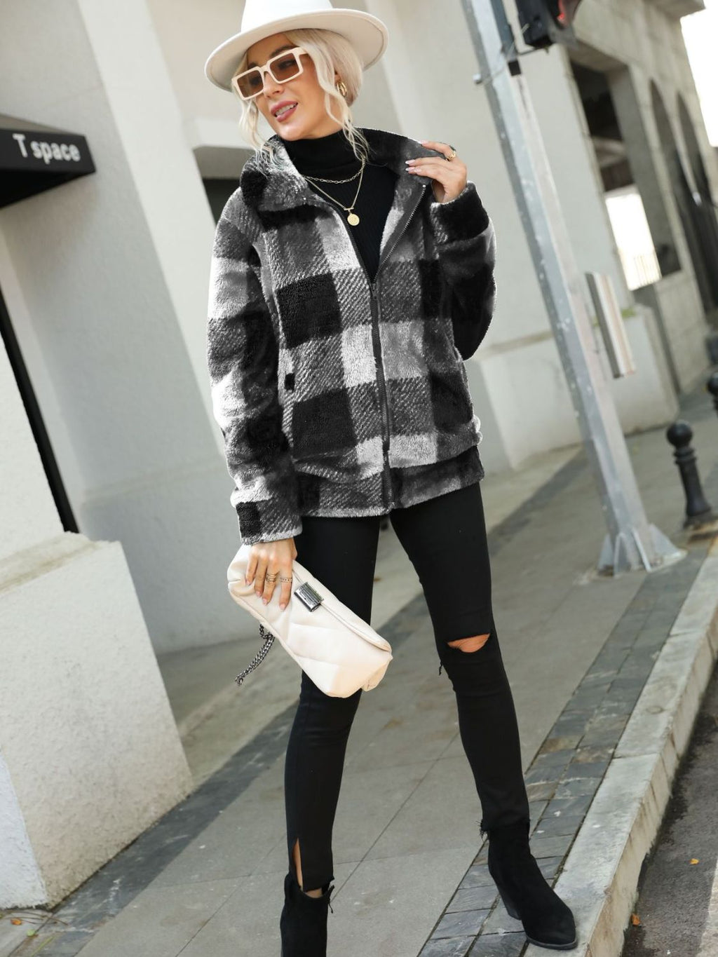 Plaid Zip-Up Collared Jacket - Lilixa.store