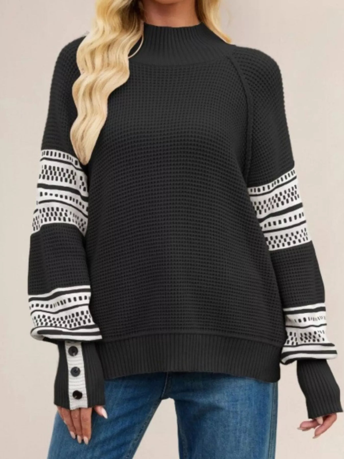 Waffle Knit Mock Neck Sweater - Lilixa.store