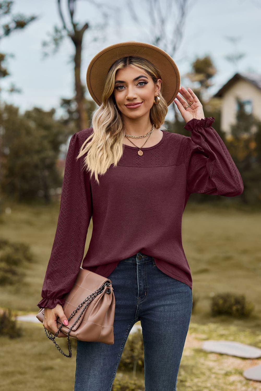 Round Neck Puff Sleeve Blouse in Burgundy