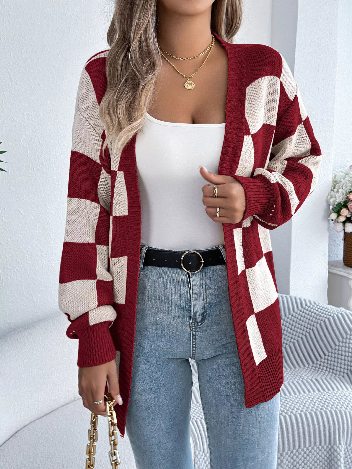 Checkerboard Pattern Open Front Knit Cardigan - Lilixa.store