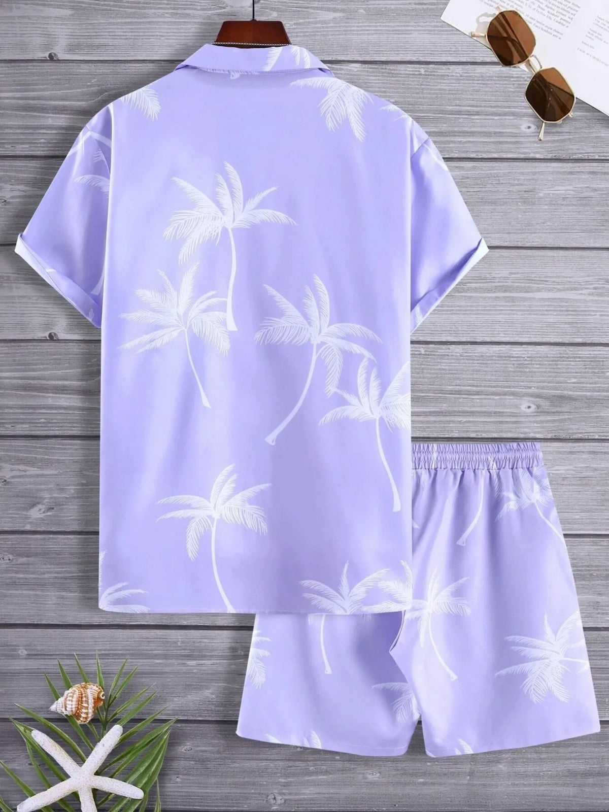 Men's Full Size Palm Print Button Up Shirt and Shorts Set Plus Size, view 4