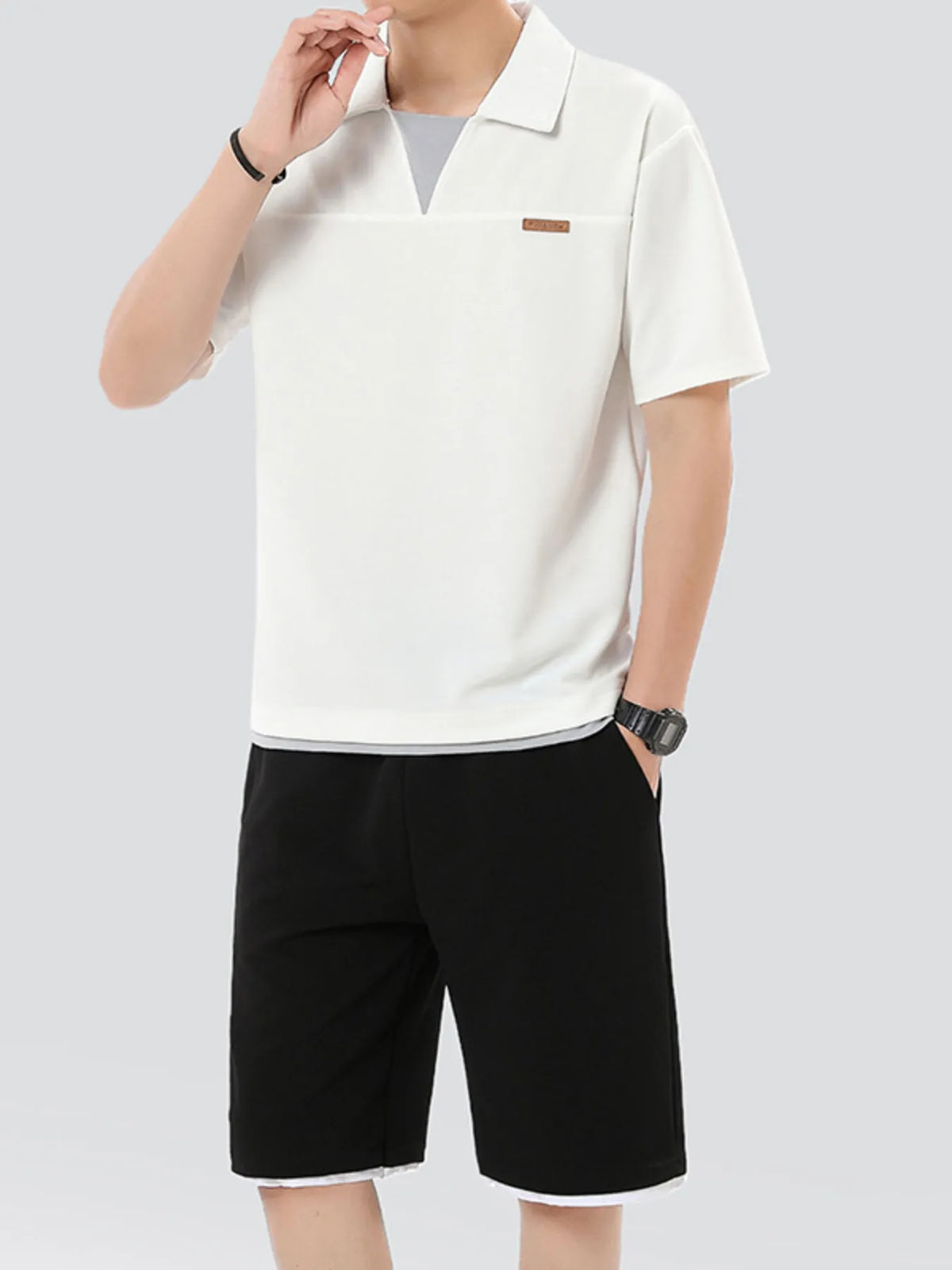 Men's Plus Size Johnny Collar Top and Shorts Set in White