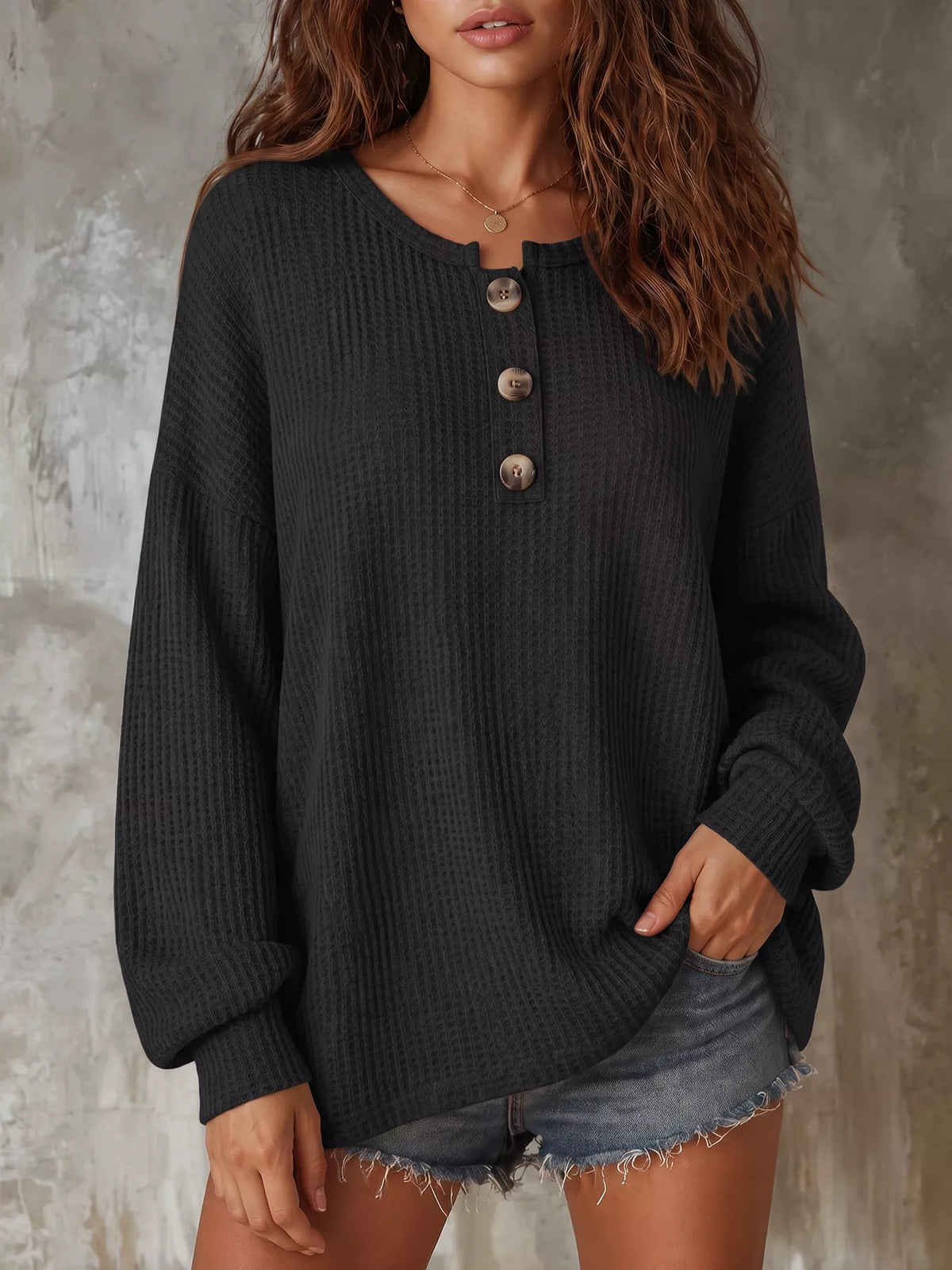 Button Detail Dropped Shoulder Knit Top - Lilixa.store