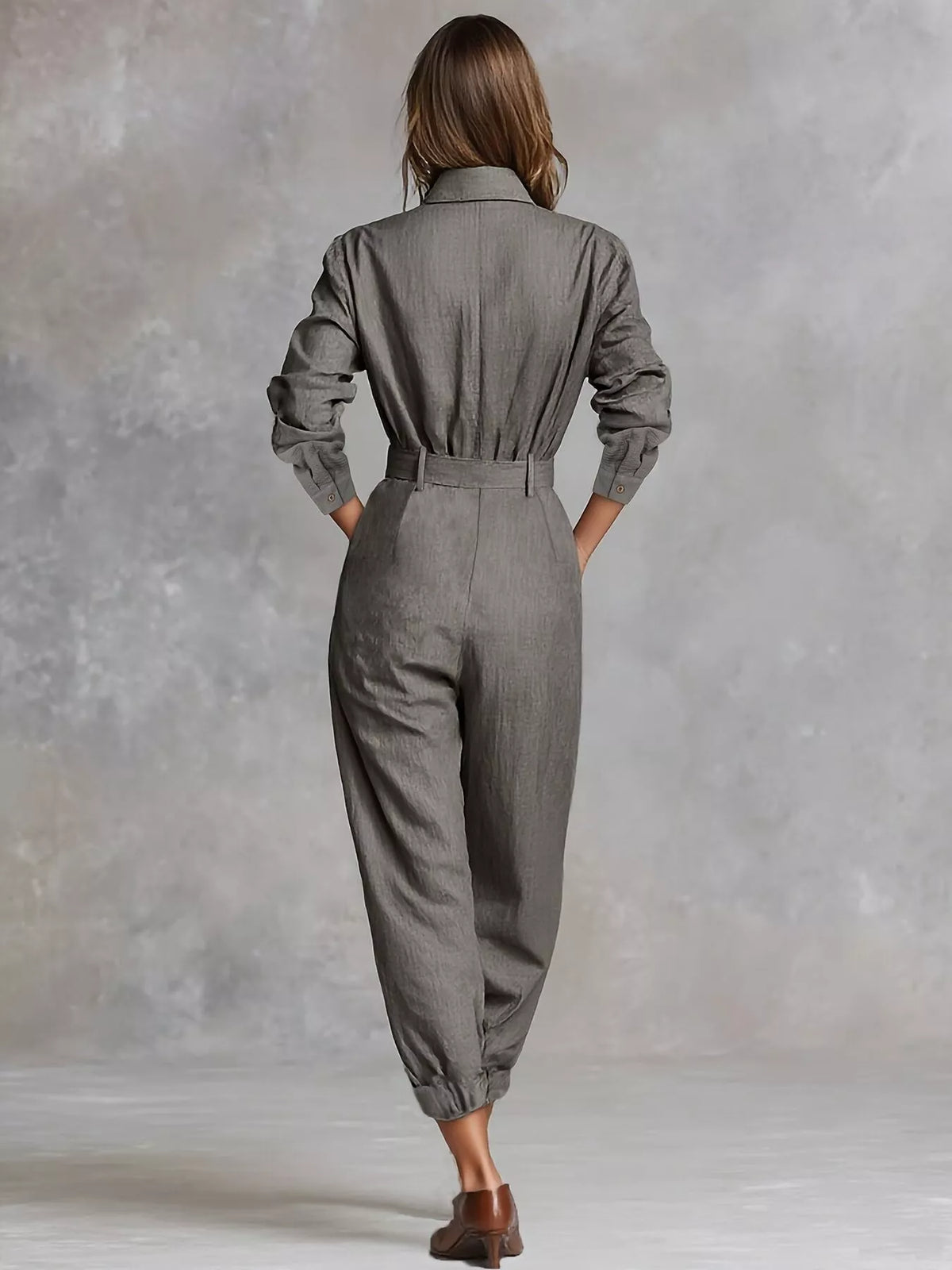 Button Front Long-Sleeve Jumpsuit