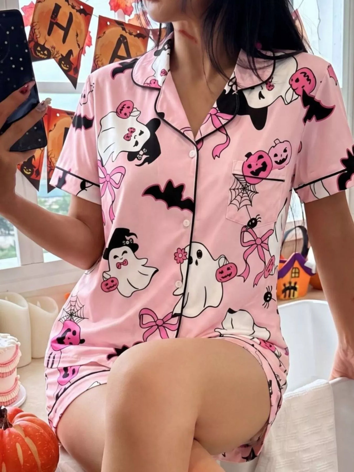 Halloween Ghost Print Button-Down Top and Shorts Lounge Set - Lilixa.store