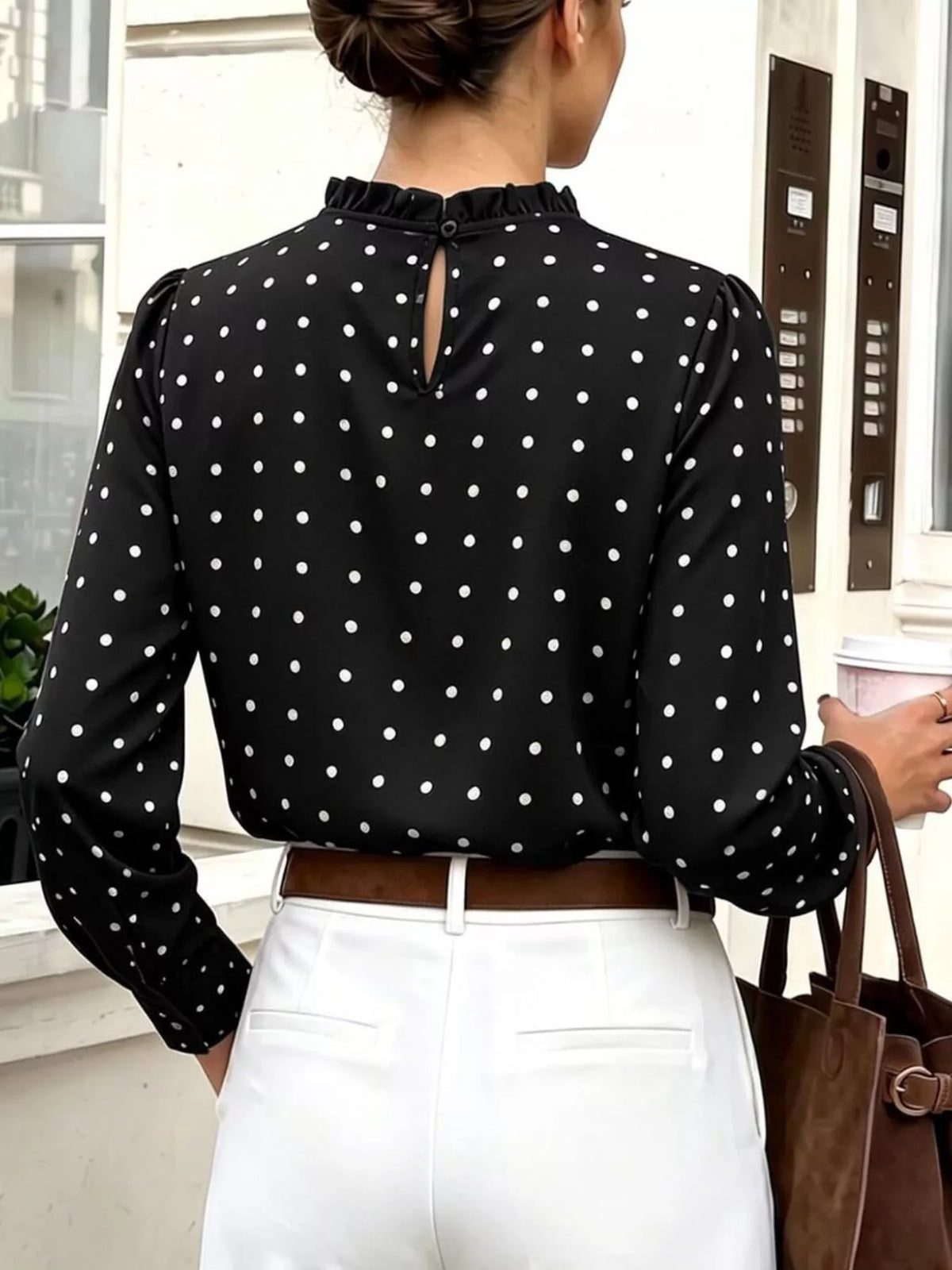 Elegant Polka Dot Print Mock Neck Long Sleeve Blouse, view 5