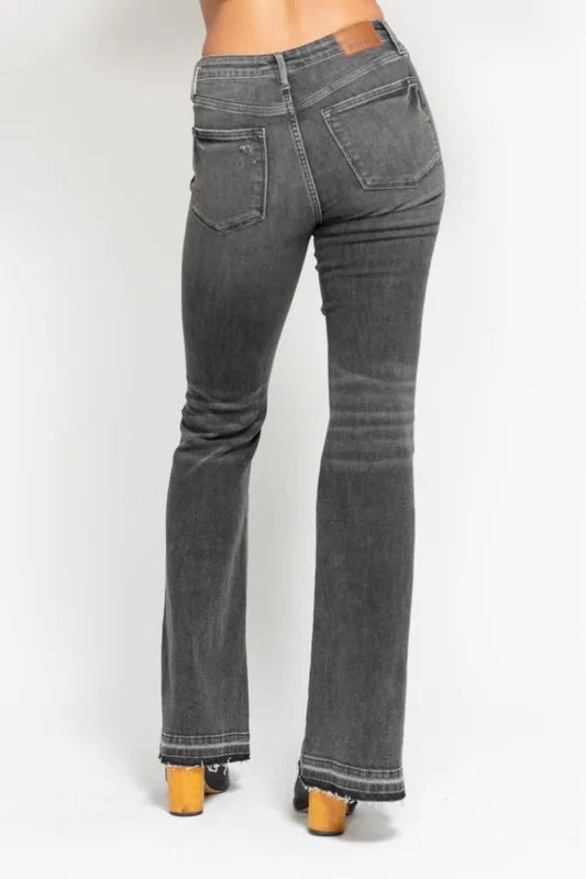 Judy Blue Full Size Mid Rise Tummy Control Washed Gray Release Hem Flare Jeans Plus Size - Lilixa.store