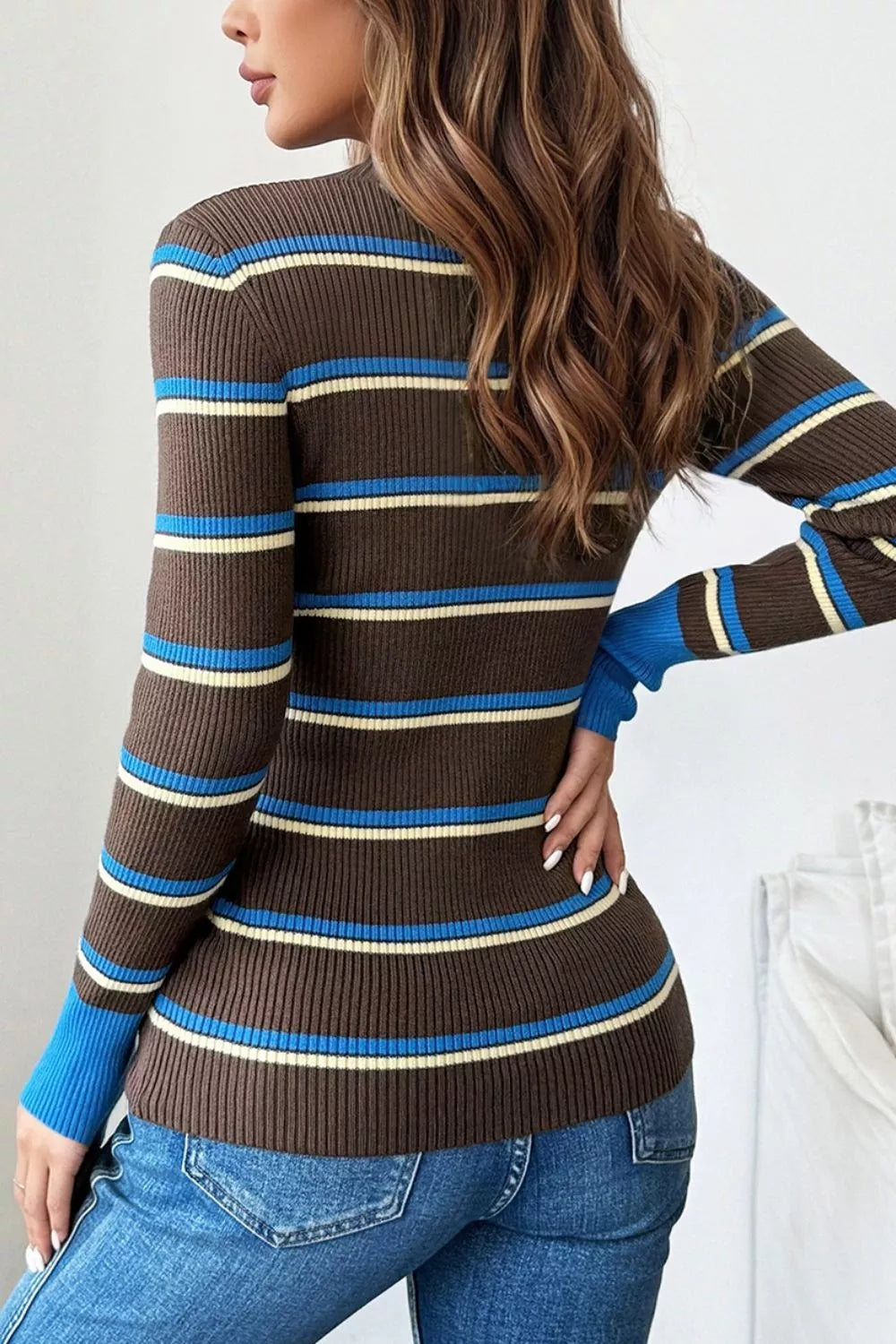 Ribbed Knit Contrast Cuff Henley Button Sweater