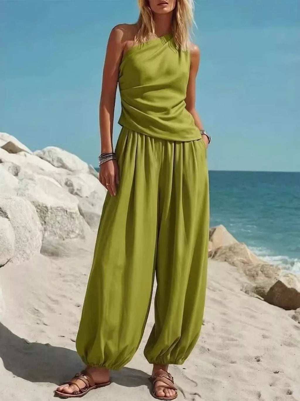 Full Size One-Shoulder Sleeveless Top and Harem Pants Set Plus Size - Lilixa.store