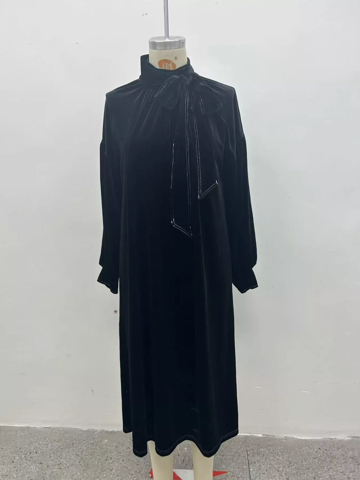 Full Size Velvet Tie-Neck Lantern Sleeve Midi Dress Plus Size - Lilixa.store