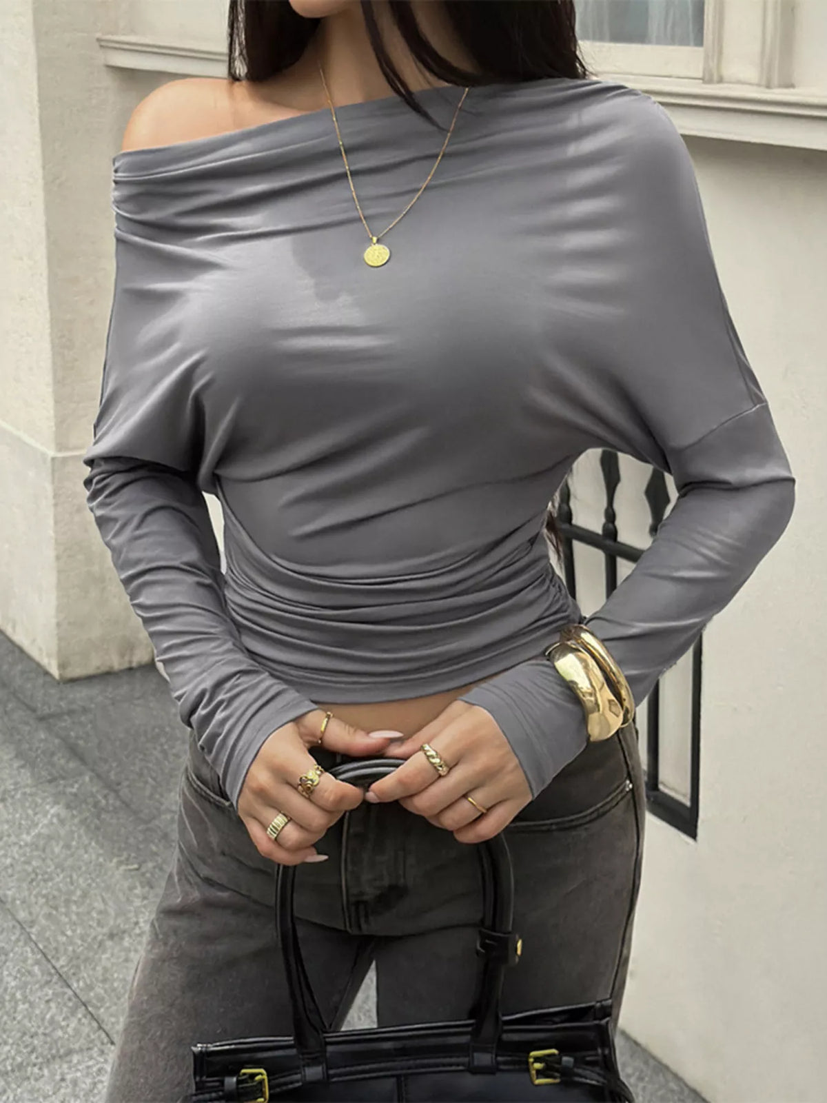 Ruched Long Sleeve Slim Fit T-Shirt - Lilixa.store