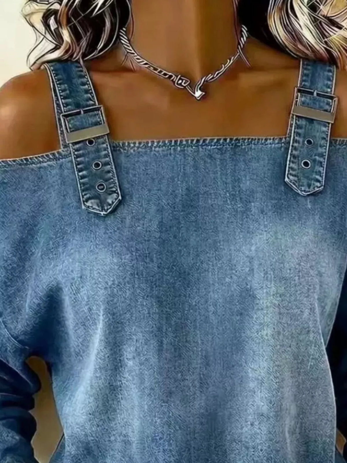 Full Size Buckle Strap Long Sleeve Denim Top Plus Size - Lilixa.store