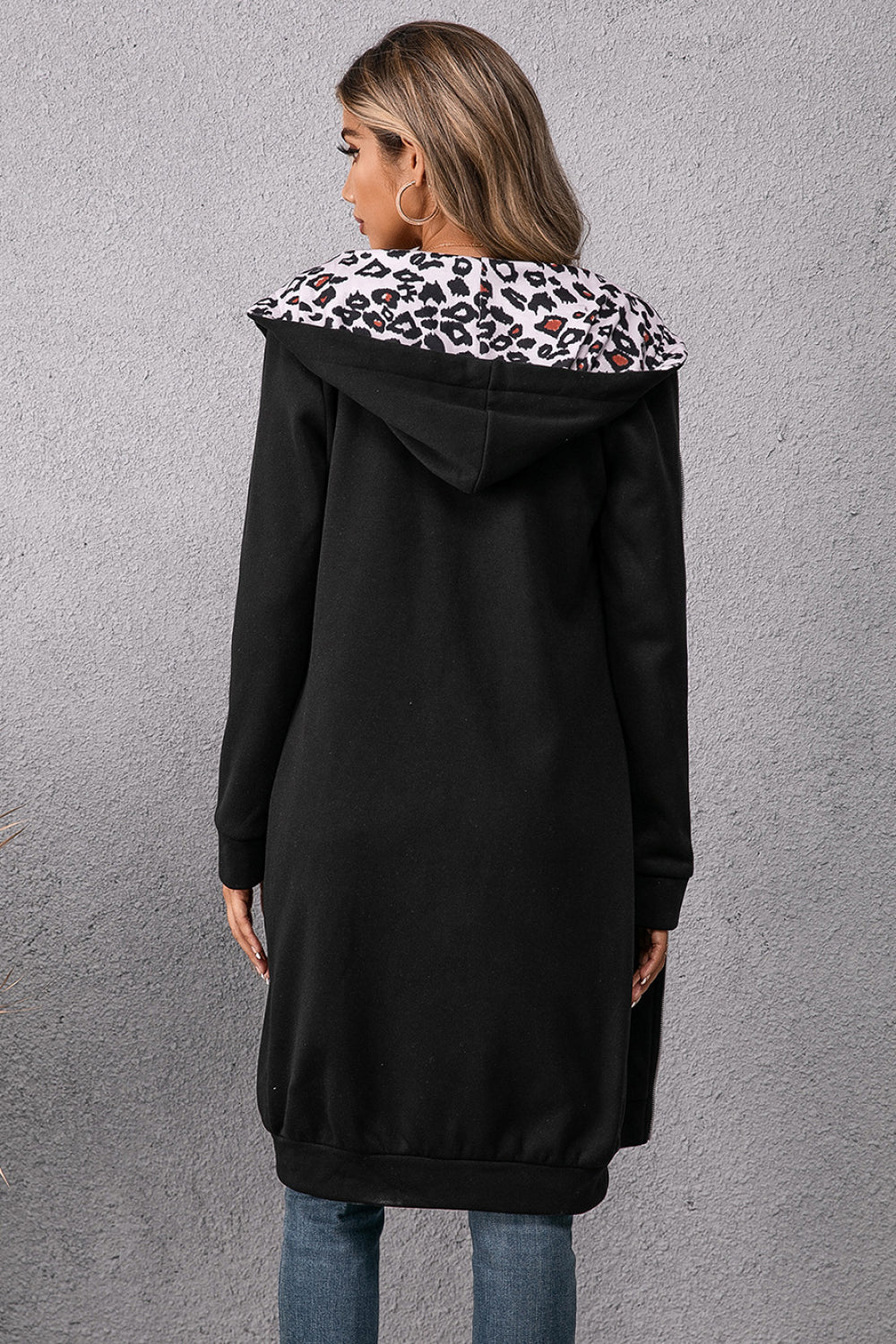 Ivy Lane Leopard Spliced Drawstring Zip Up Hoodie Dress - Lilixa.store