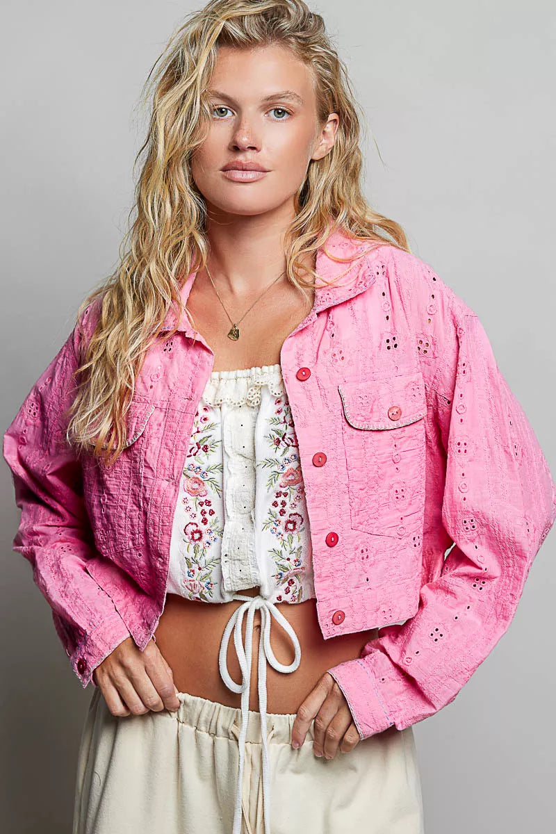 POL Eyelet Textured Cotton Cropped Button-Front Jacket in Candy Pink, view 4