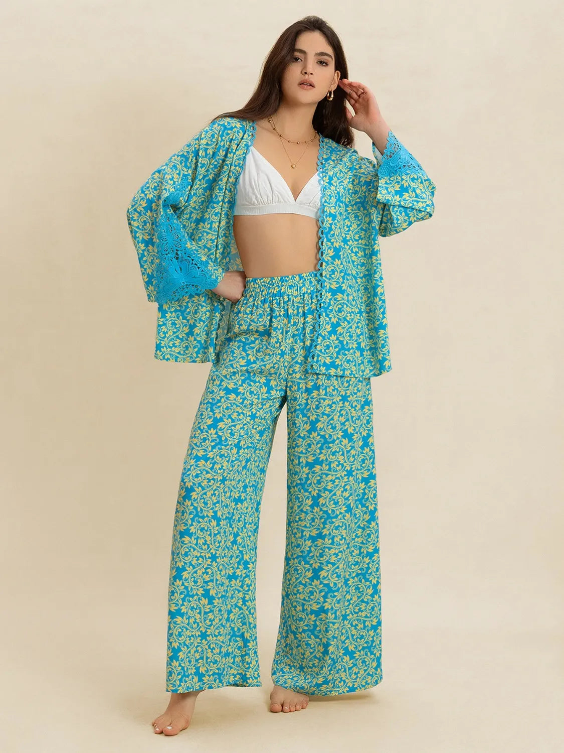 Open Front Printed Top and Pants Set - Lilixa.store