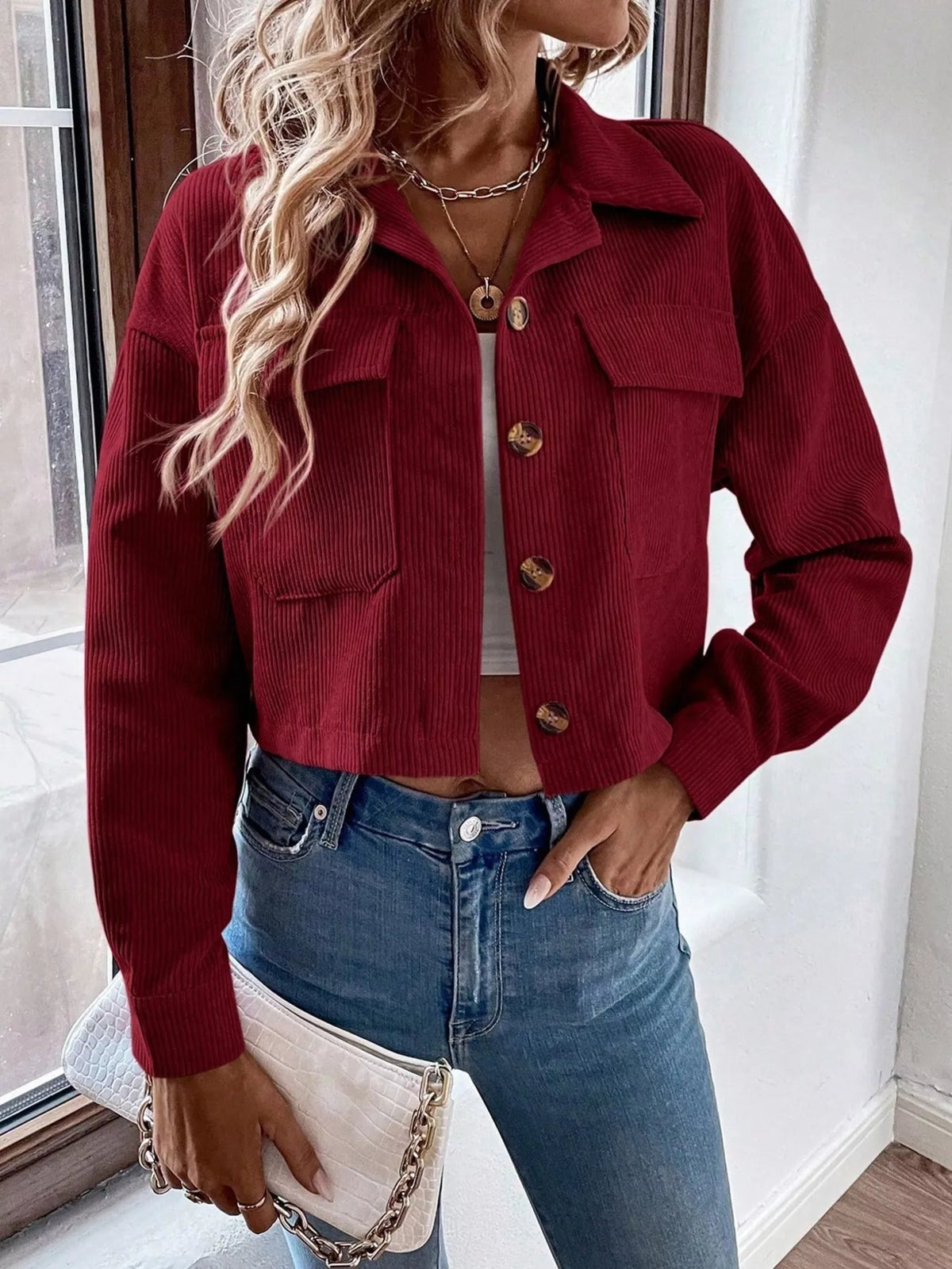 Cropped Corduroy Button-Down Jacket