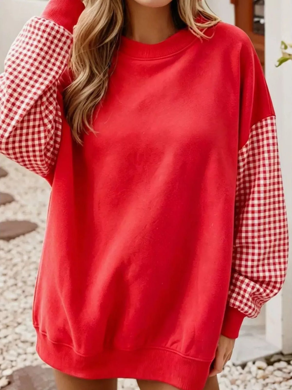Contrast Gingham Long Sleeve Sweatshirt - Lilixa.store