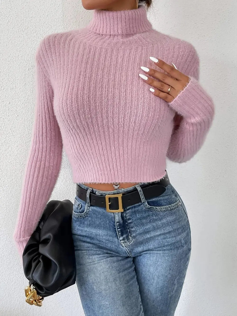 Ribbed Turtleneck Long Sleeve Sweater in Carnation Pink
