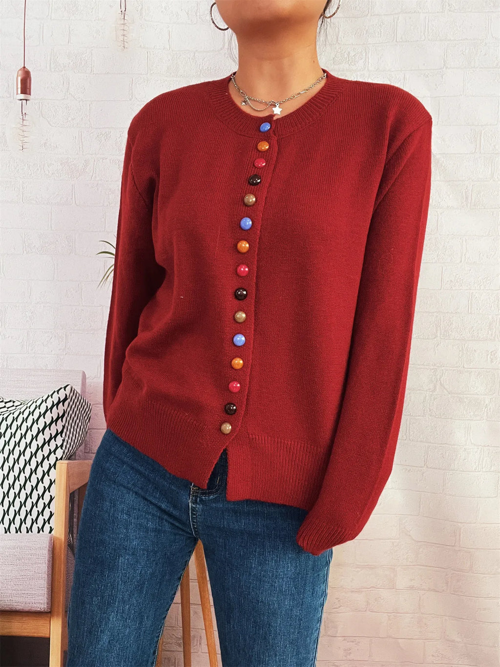 Button-Front Cardigan with Colorful Detail Buttons - Lilixa.store
