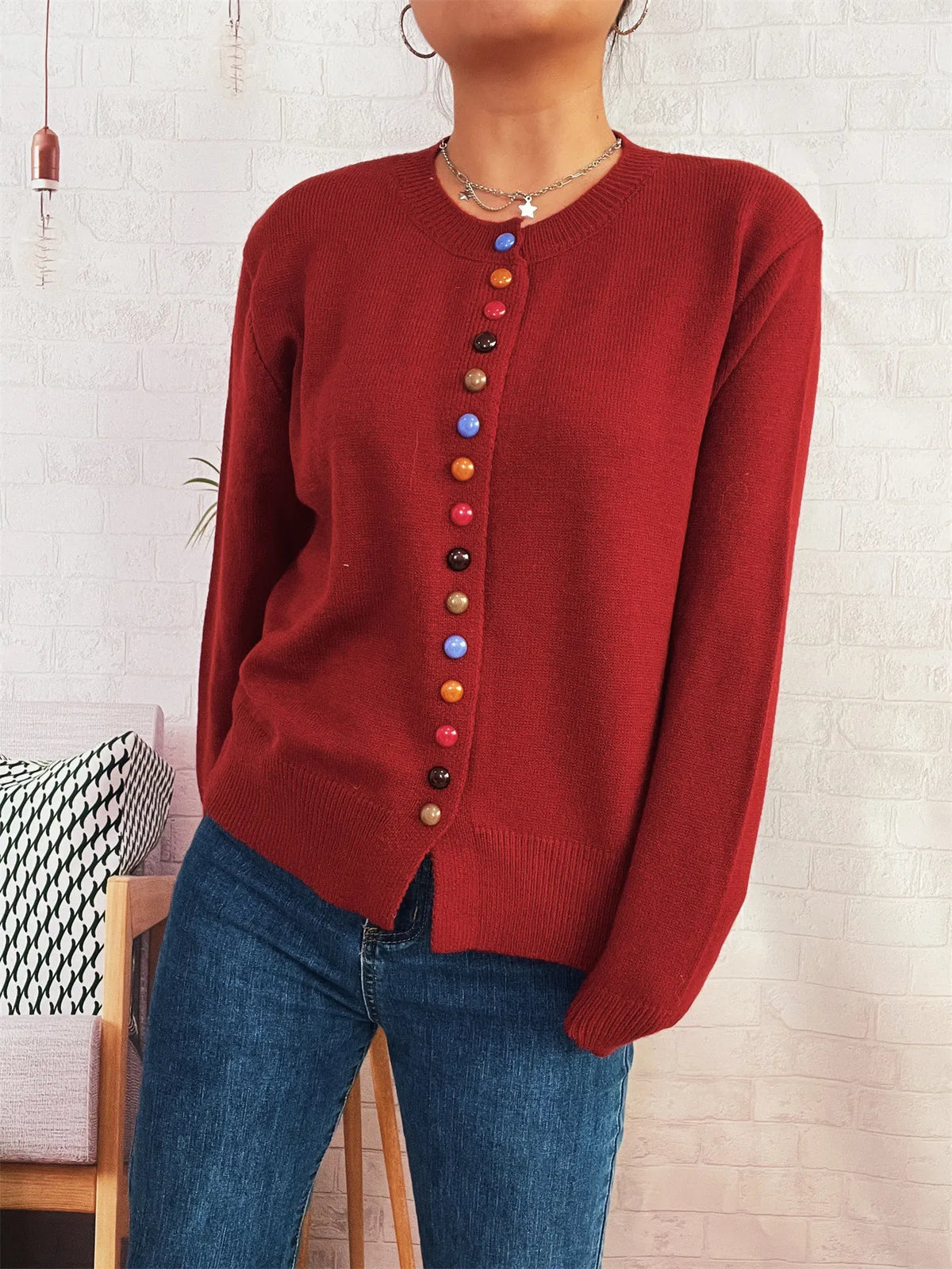 Button-Front Cardigan with Colorful Detail Buttons - Lilixa.store