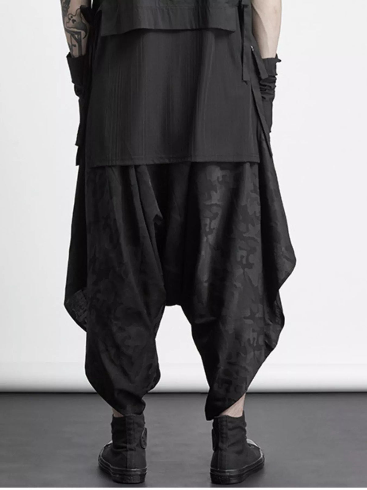 Men's Plus Size Asymmetrical Layered Harem Pants in Black, view 3