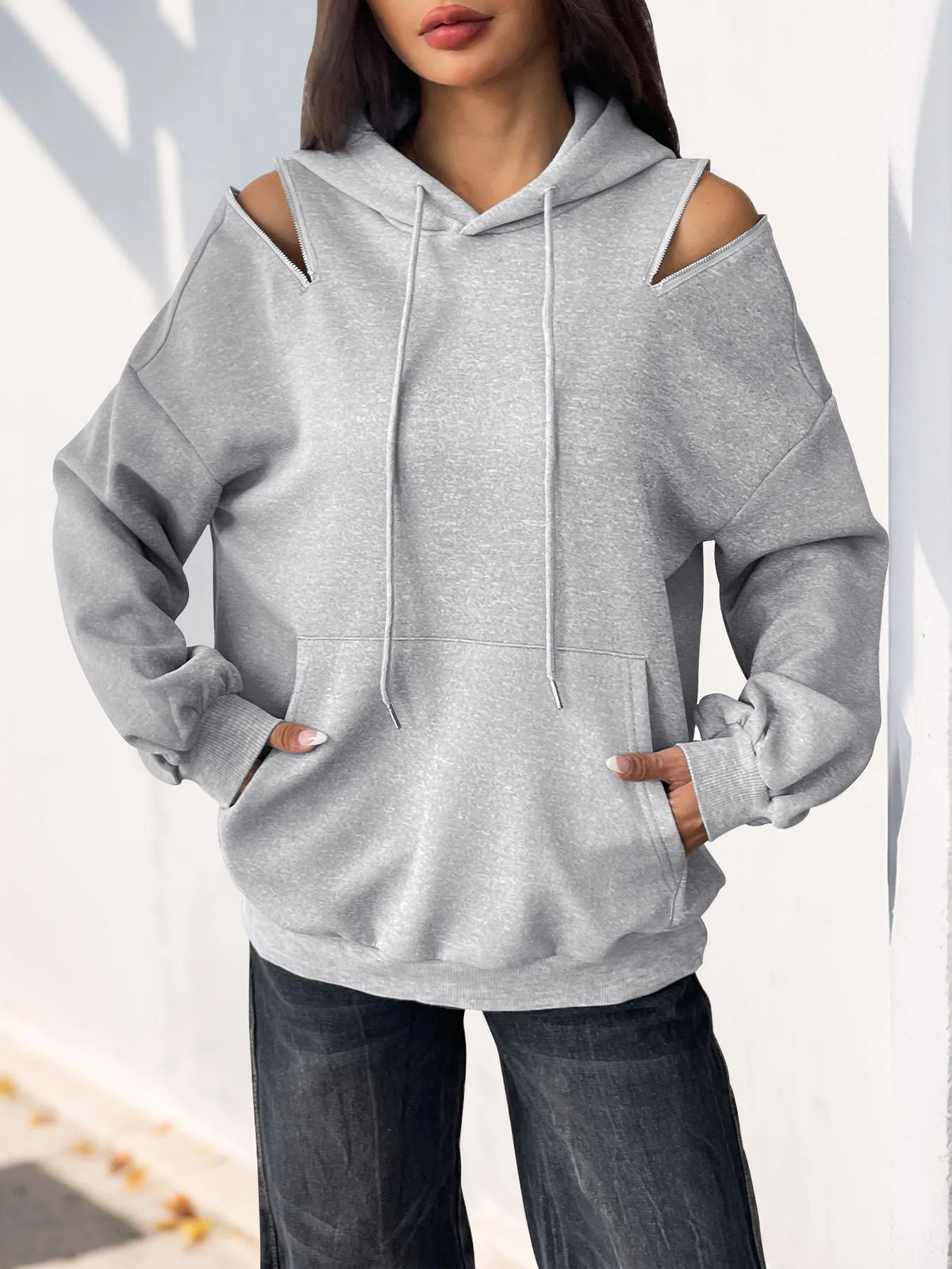 Drawstring Zip Detail Cold Shoulder Hoodie - Lilixa.store