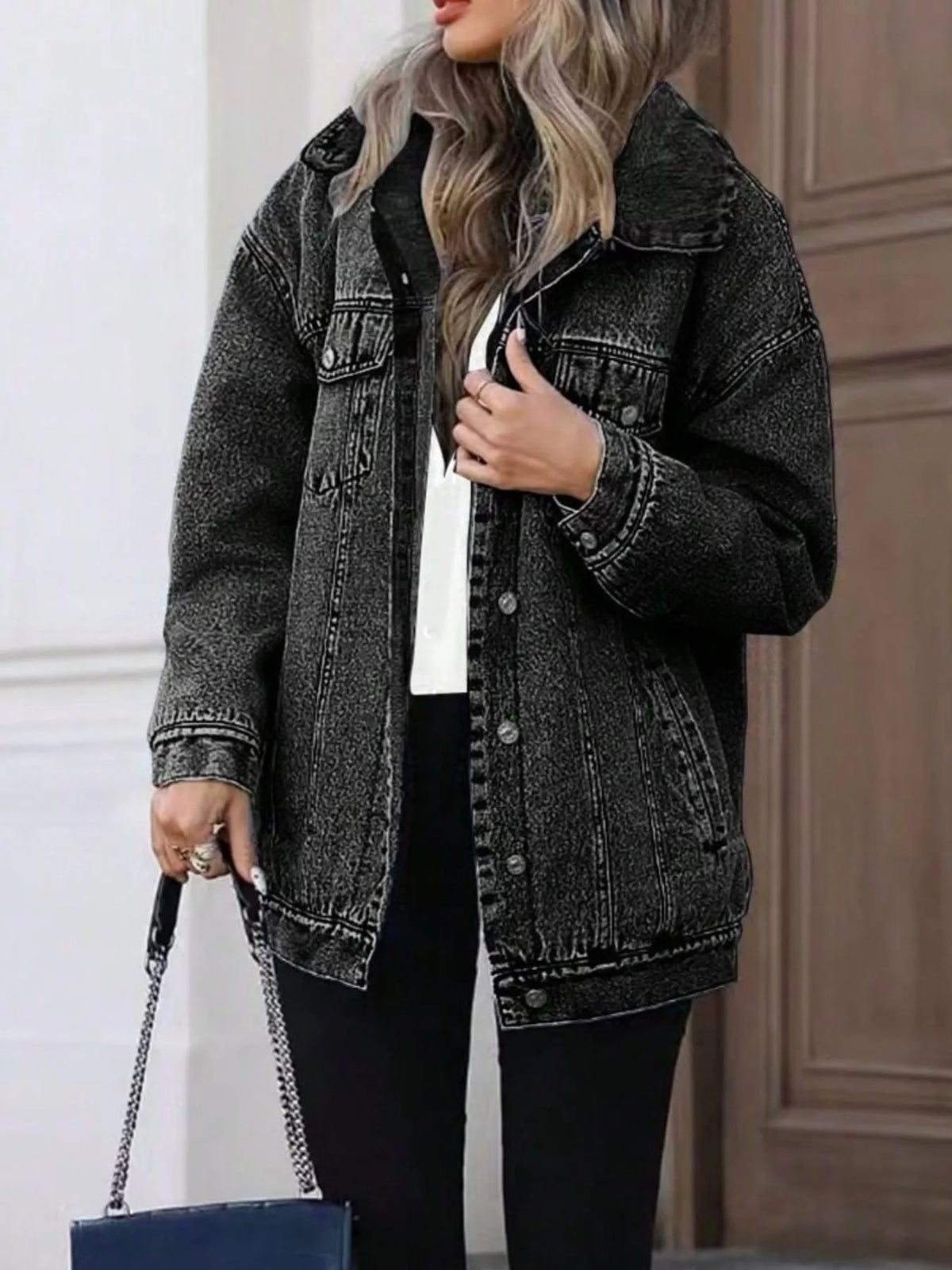 Washed Button Up Oversized Denim Jacket - Lilixa.store