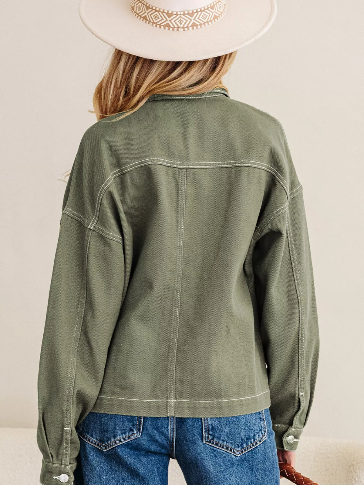 Patched Pocket Collared Button Front Boyfriend Denim Jacket in Moss, view 3