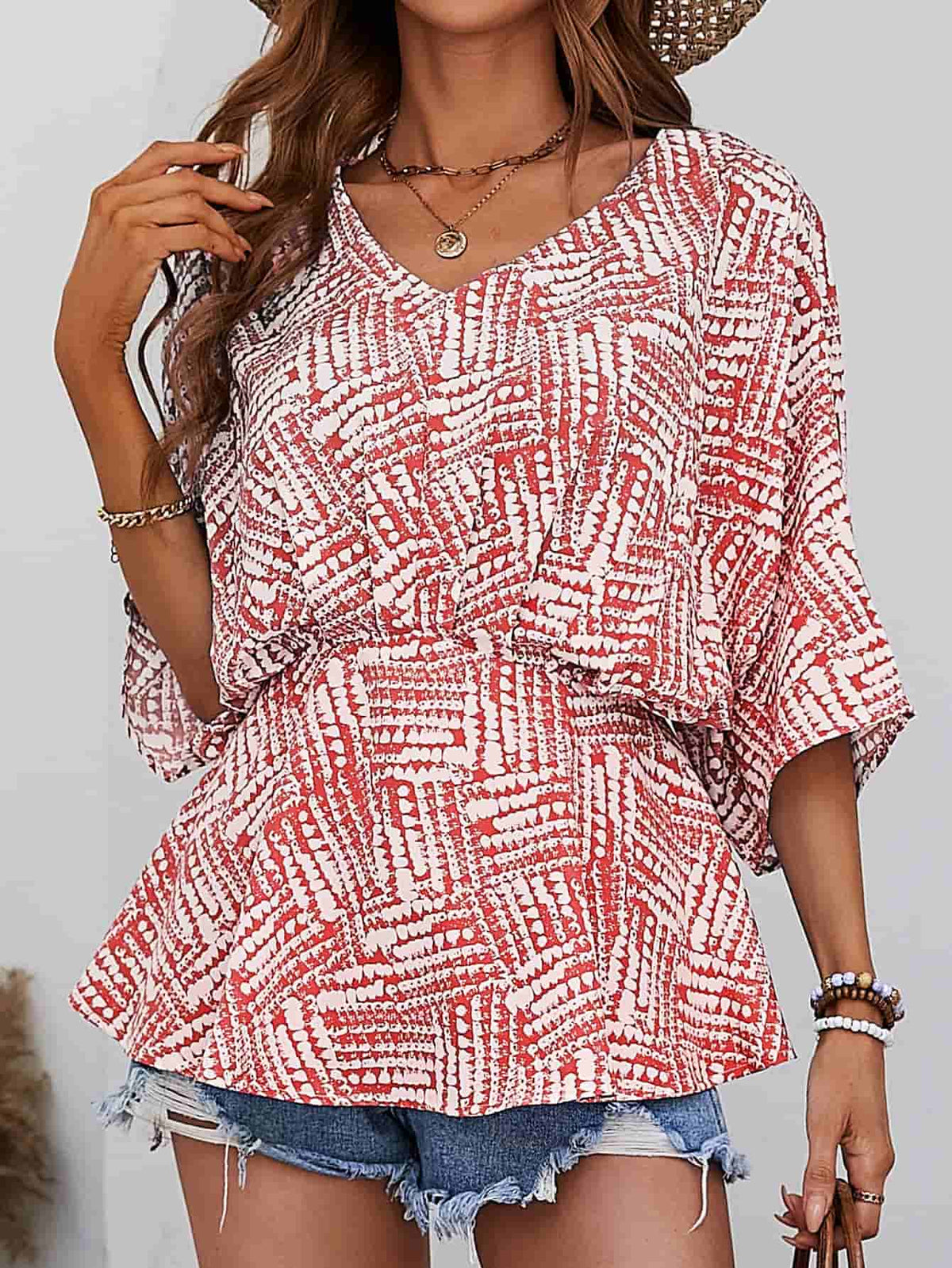 Printed V-Neck Dolman Sleeve Blouse - Lilixa.store