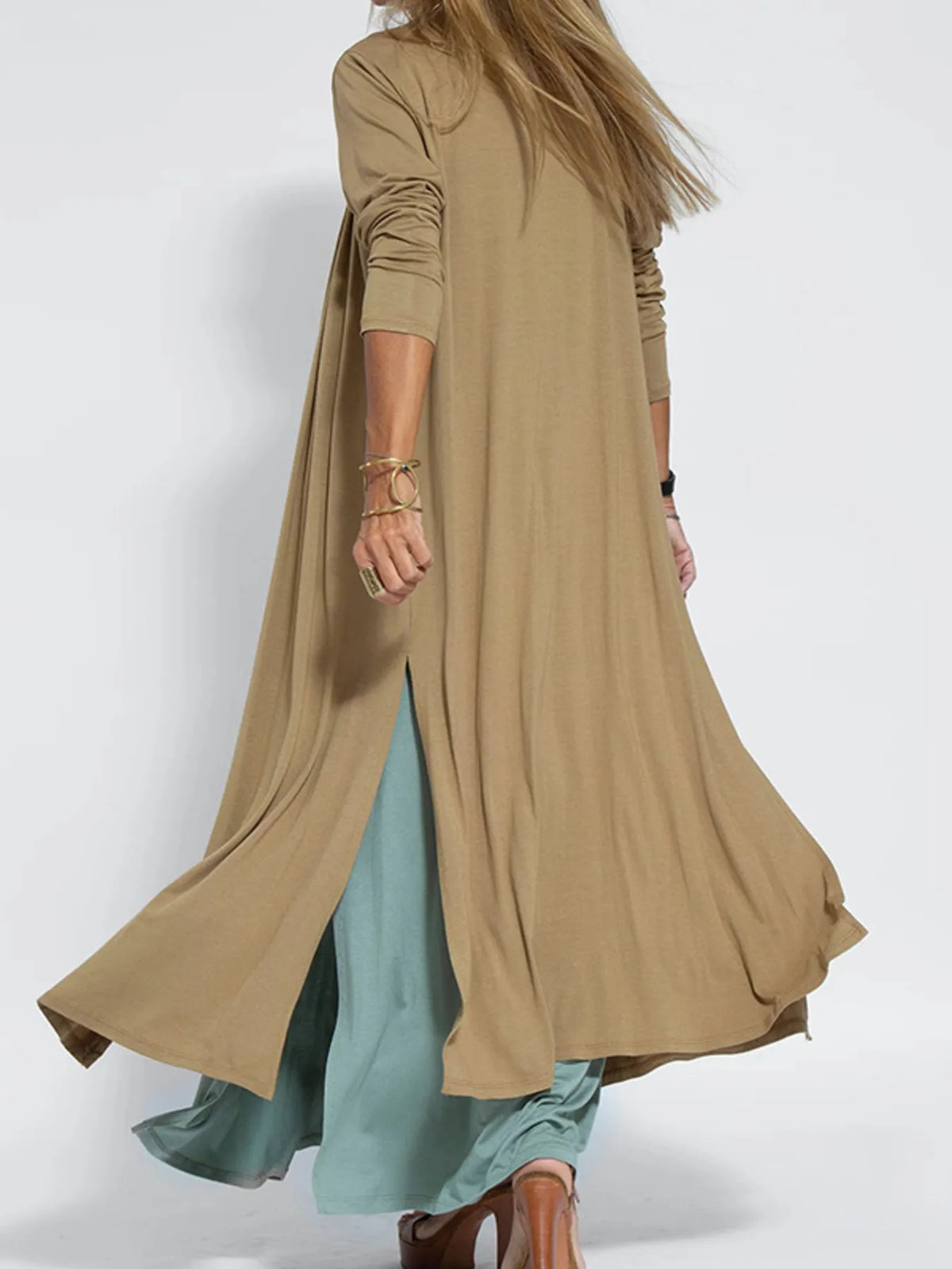 Full Size Open Front Side Slit Longline Cardigan Plus Size, view 5