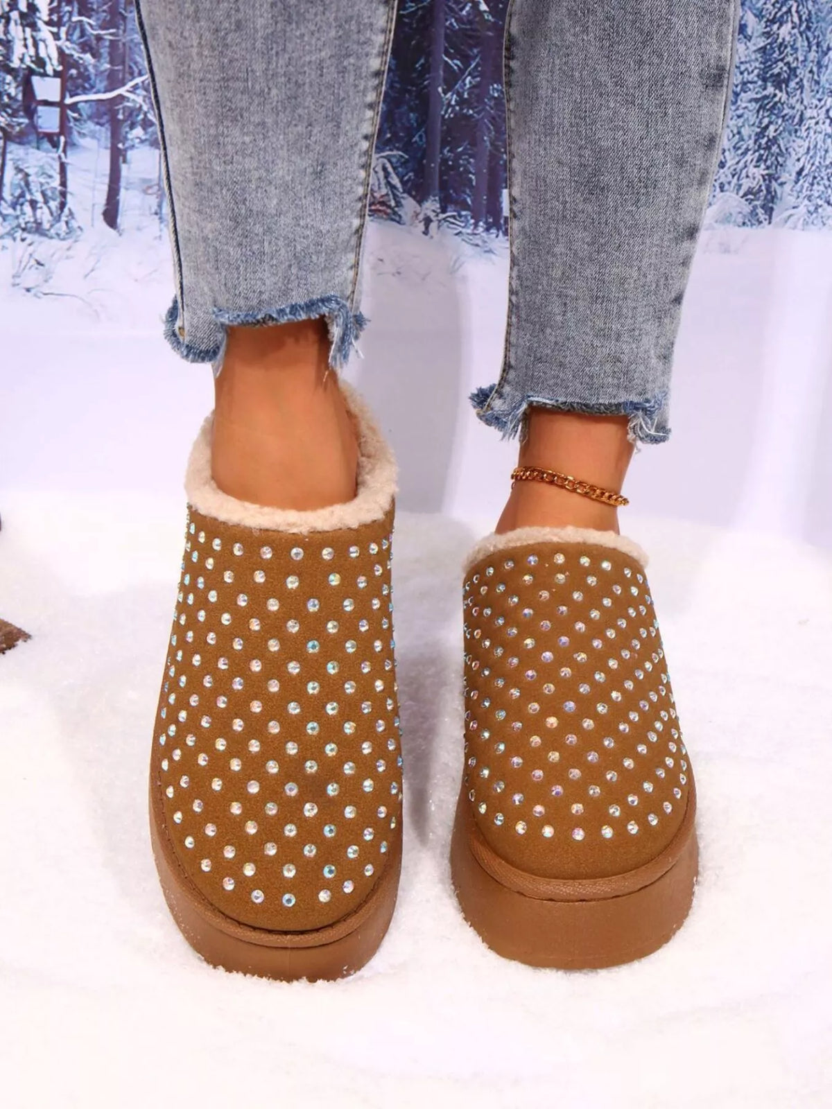Rhinestone Round Toe Platform Slippers - Lilixa.store