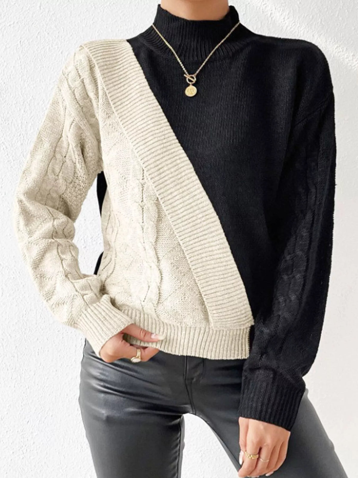 Color Block Cable Knit Mock Neck Sweater - Lilixa.store