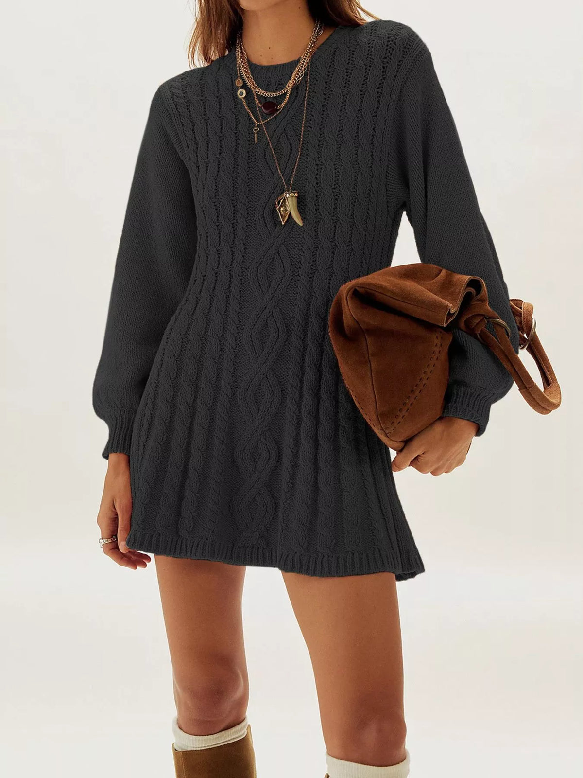 Cable Knit Sweater Mini Dress in Black