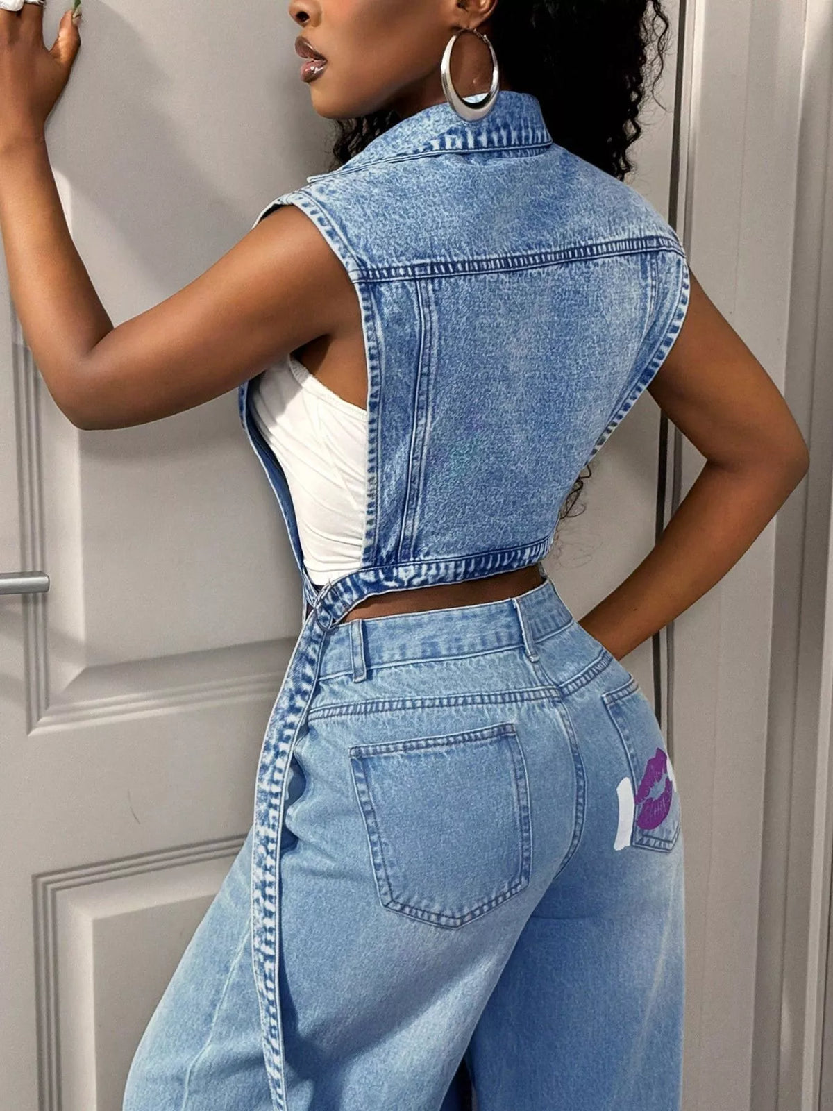 High-Low Open Front Denim Vest, view 11