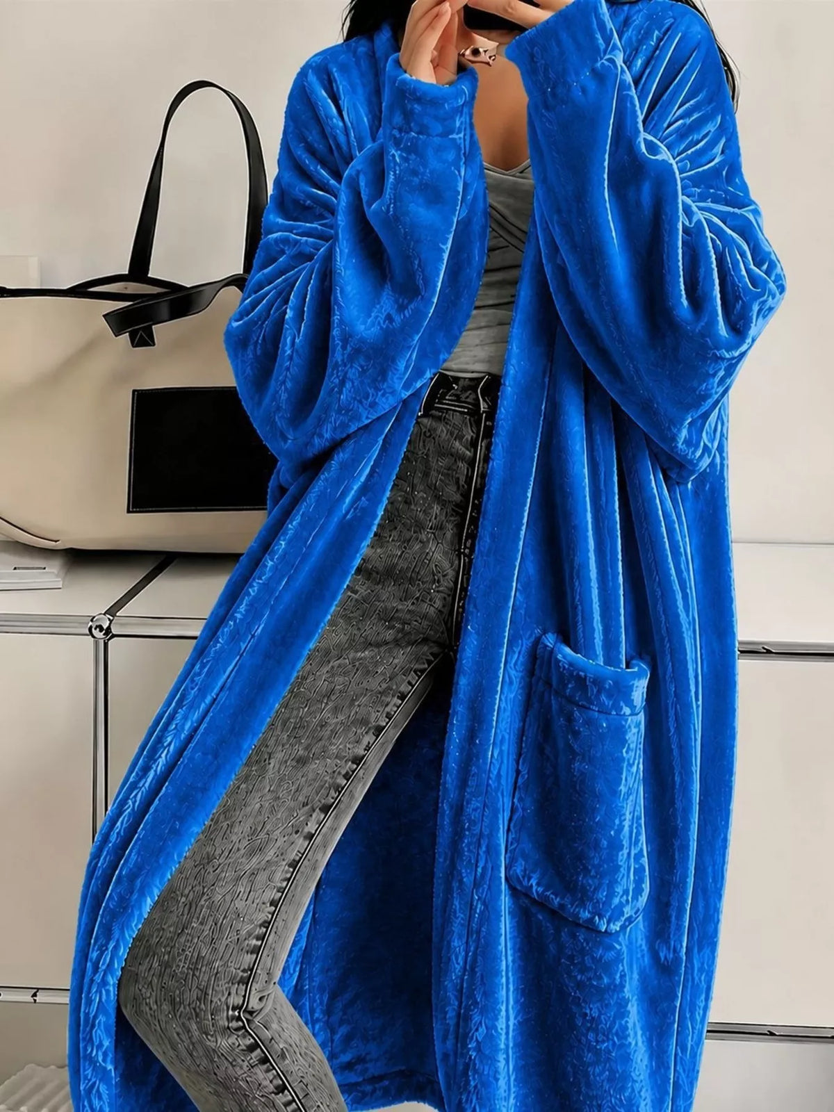 Full Size Velvet Open-Front Longline Outerwear Plus Size - Lilixa.store