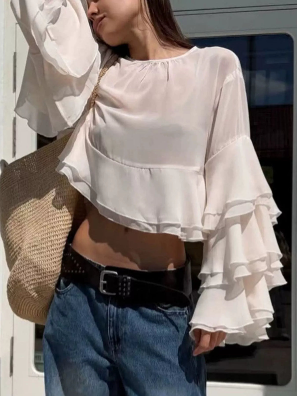 Layered Ruffled Hem Flare Sleeves Blouse - Lilixa.store