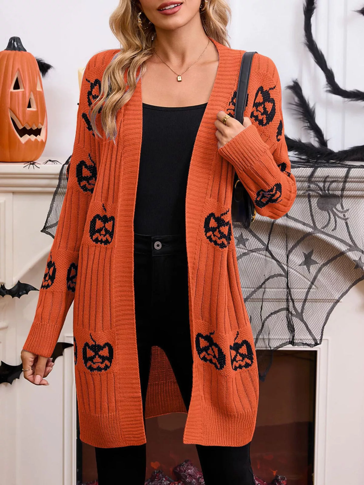 Halloween Pumpkin Open Front Knit Cardigan - Lilixa.store