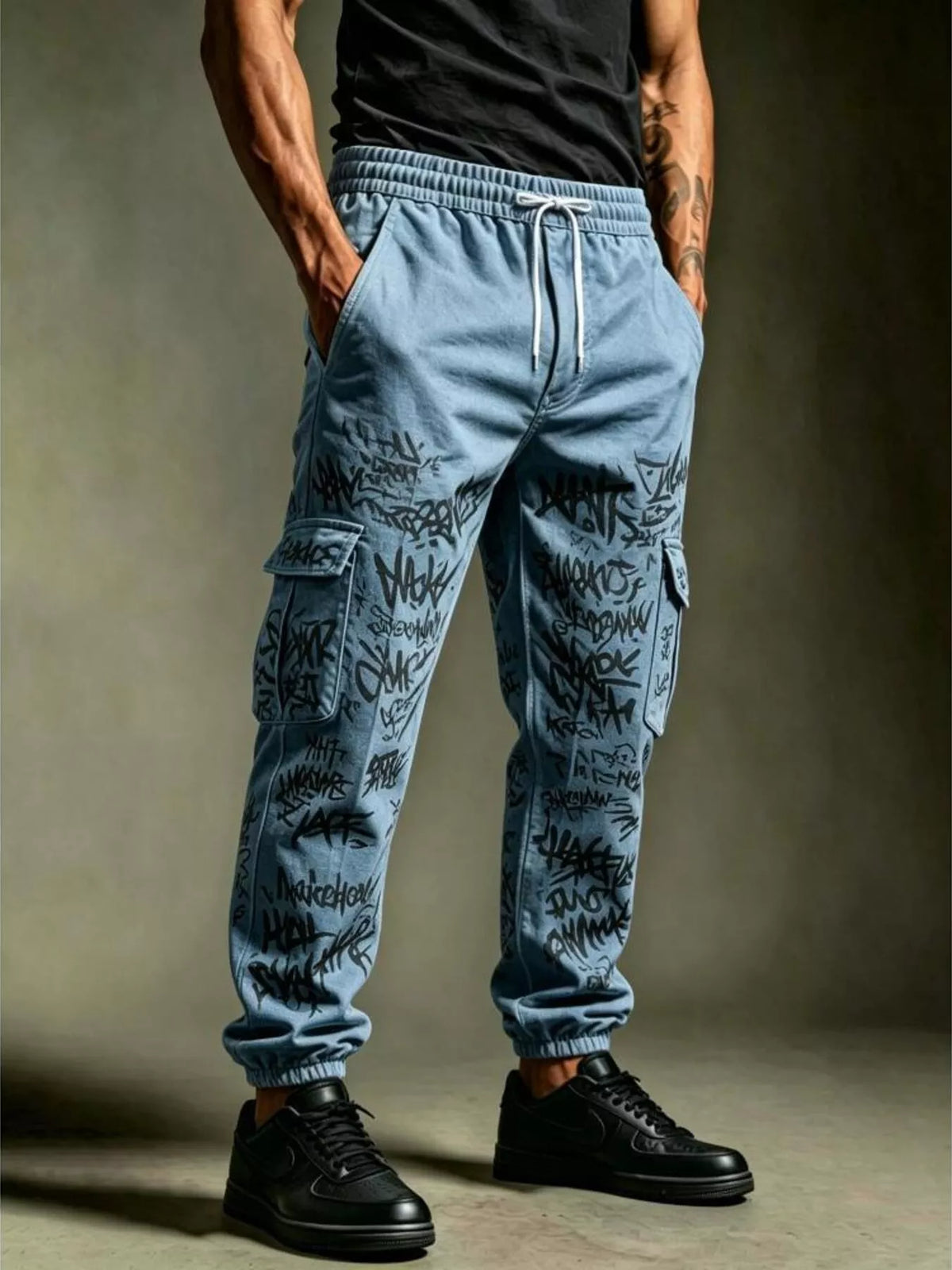 Men's Full Size Graffiti Print Cargo Joggers Plus Size - Lilixa.store