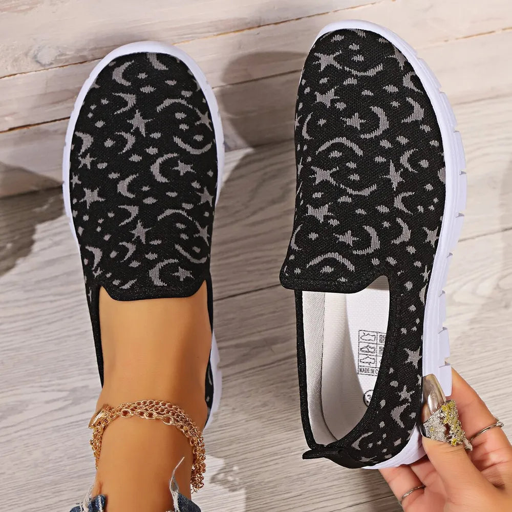 Star & Moon Pattern Flat Loafers in Black