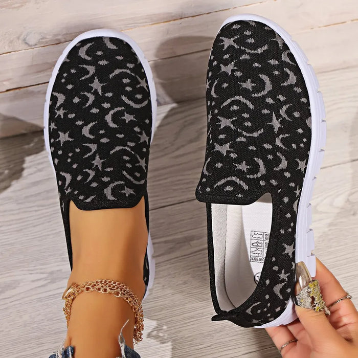 Star & Moon Pattern Flat Loafers in Black