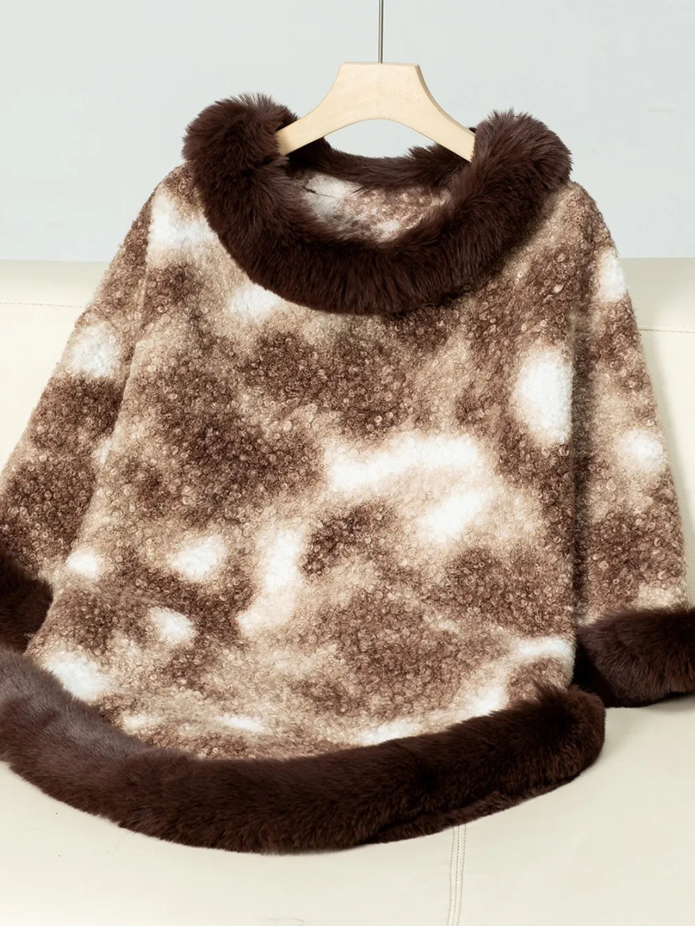 Furry Contrast Three-Quarter Poncho - Lilixa.store