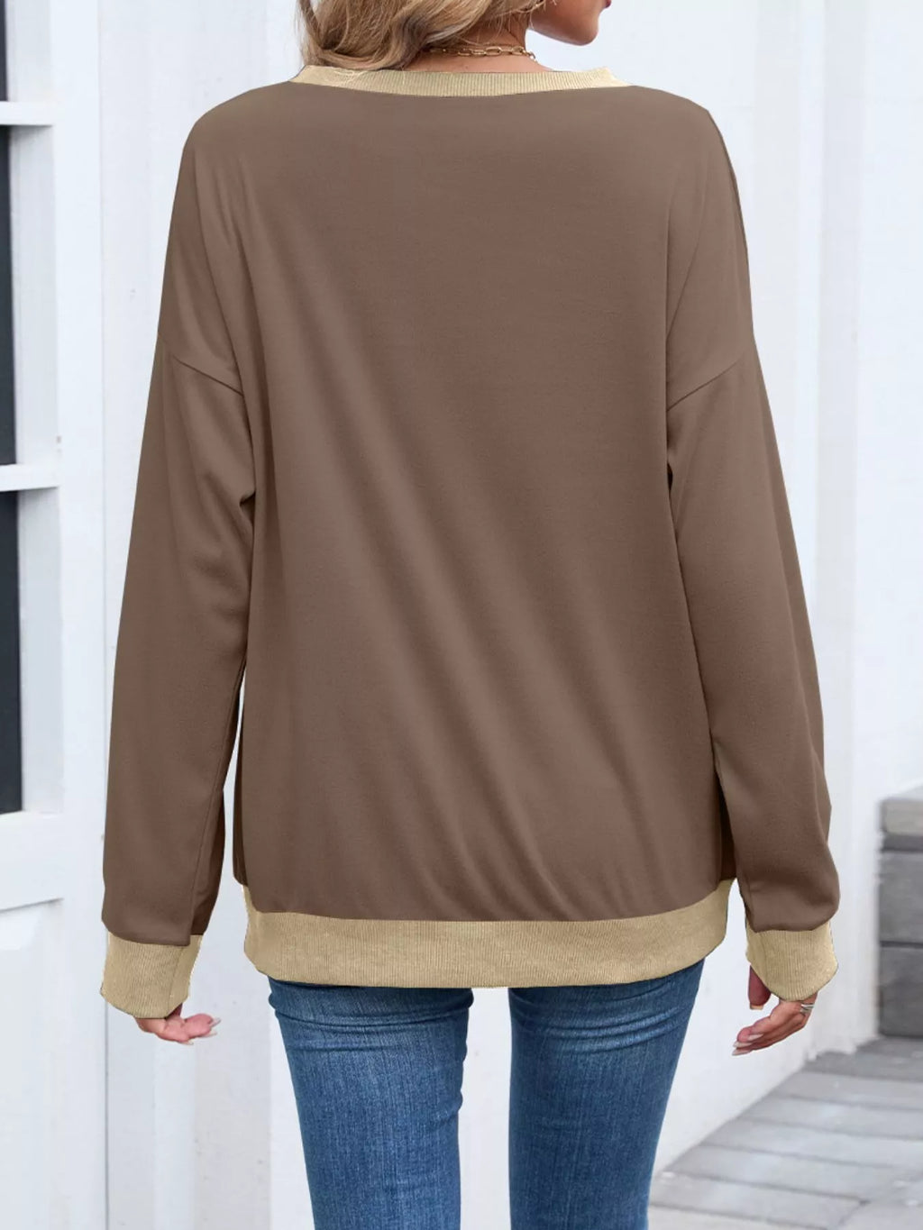 Contrast Trim Long Sleeve Sweatshirt - Lilixa.store