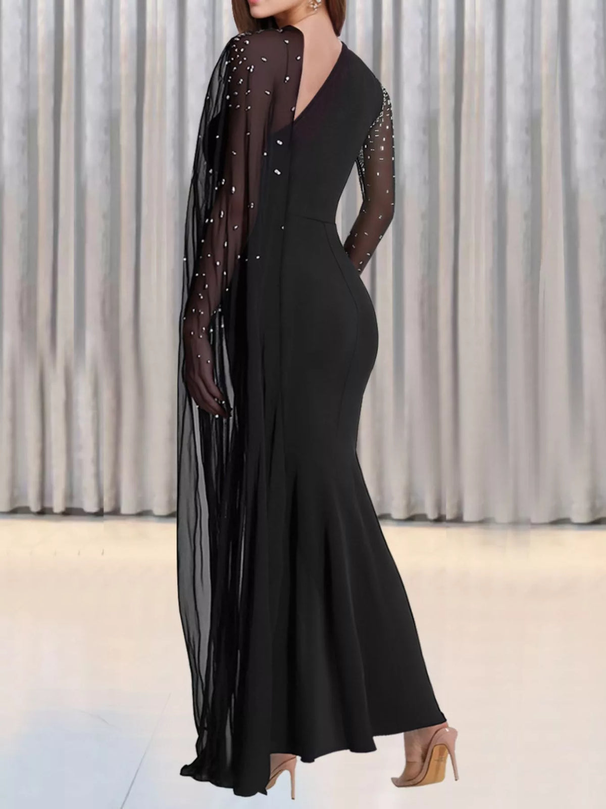 Rhinestone Embellished Cape Maxi Dress - Lilixa.store