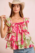 BiBi Floral Print Woven Bow Tie Ruffle Square Neck Top - Lilixa.store